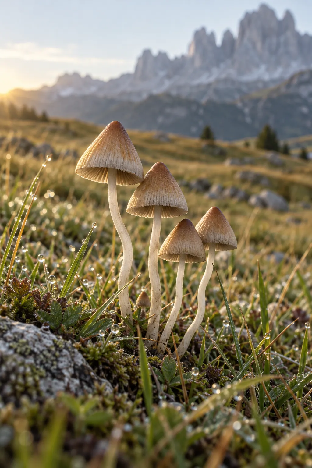 Funghi sottili dal cappello conico in un pascolo alpino all'alba, con la rugiada sull'erba e le montagne sullo sfondo